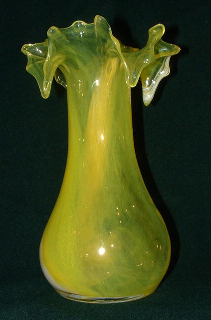 Yellow and White Ribbon Art Glass Vase with Ruffled Top