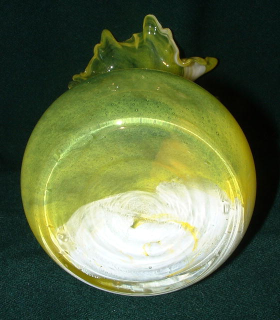 Yellow and White Ribbon Art Glass Vase with Ruffled Top