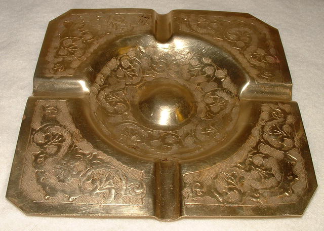 Antique Engraved Brass Square Ashtray