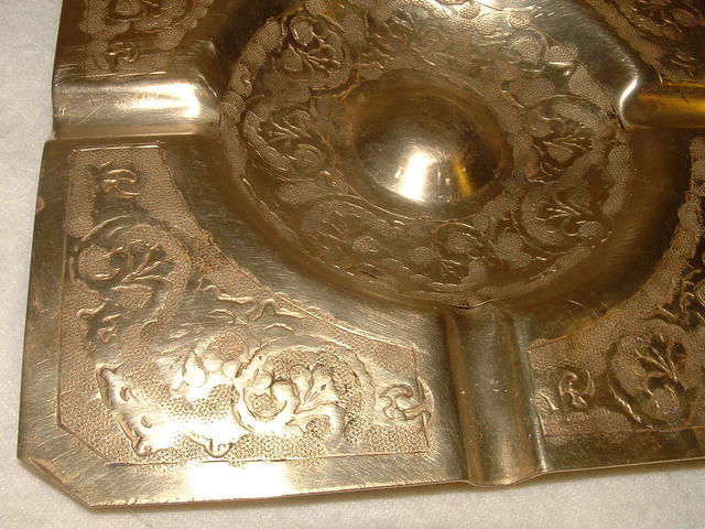 Antique Engraved Brass Square Ashtray