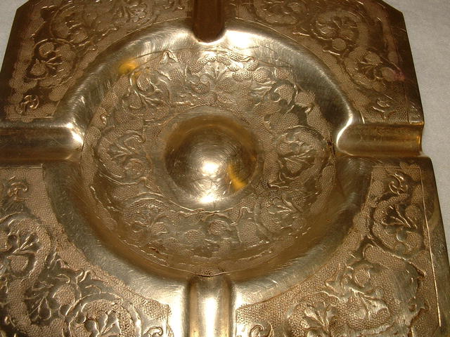 Antique Engraved Brass Square Ashtray