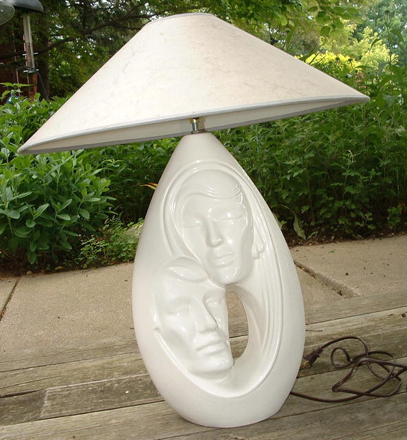 Vintage Signed Art Pottery Sculpture Lamp - Faces