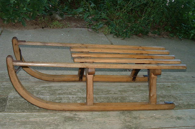Antique Swiss Davos Hickory & Iron Bentwood Sled / Toboggan