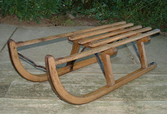 Antique Swiss Davos Hickory & Iron Bentwood Sled / Toboggan
