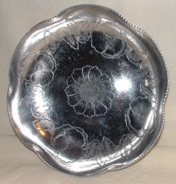 Antique Hand-Wrought Aluminum Scalloped Dish with Pansy Design