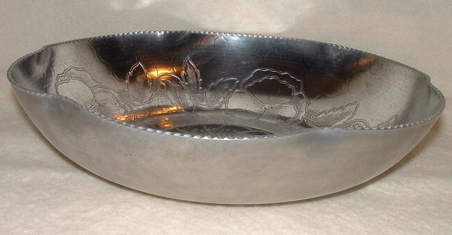 Antique Hand-Wrought Aluminum Scalloped Dish with Pansy Design