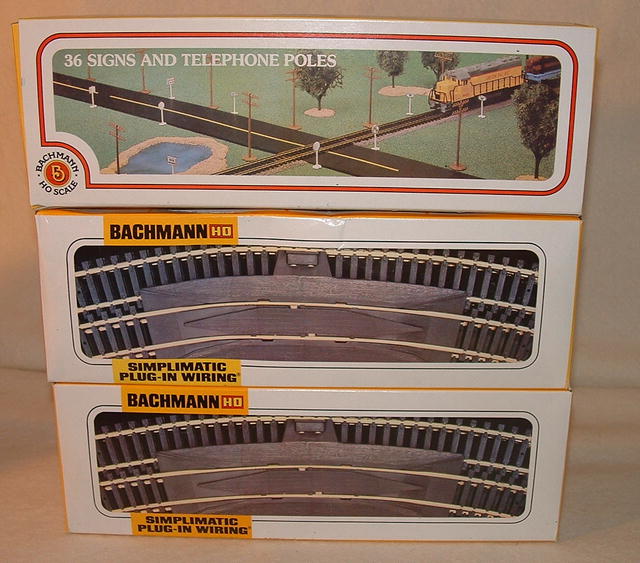Vintage HO Gauge Bachmann Steel Train Track, Signs, & Telephone Poles