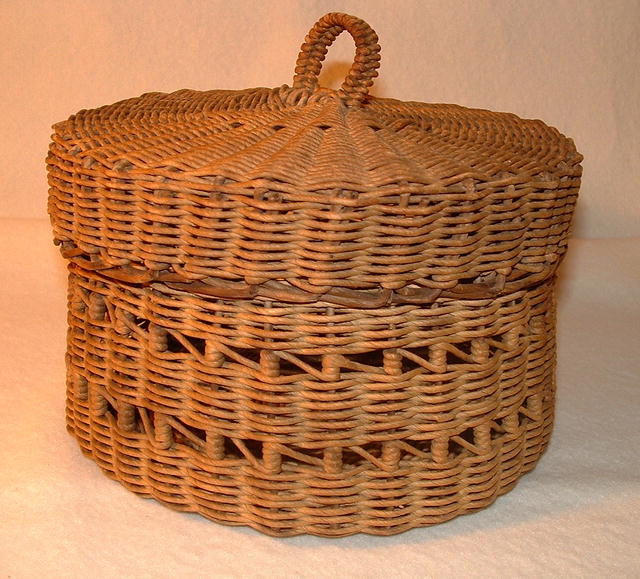 Vintage / Antique Round Covered Basket with Ring Handle