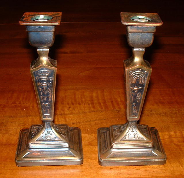 Vintage Egyptian Hieroglyph Cast Metal Candlestick Holders