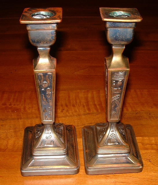 Vintage Egyptian Hieroglyph Cast Metal Candlestick Holders