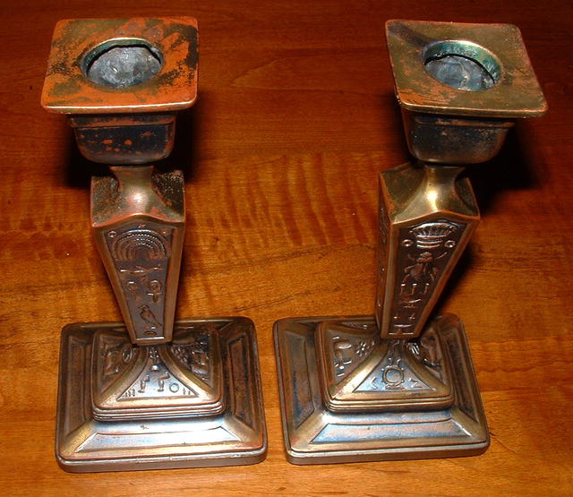 Vintage Egyptian Hieroglyph Cast Metal Candlestick Holders