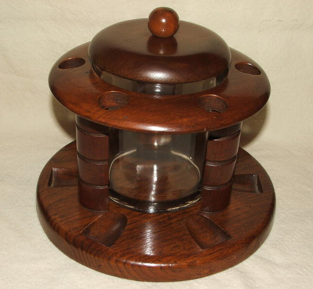 Vintage Round Walnut & Glass Humidor Pipe Stand