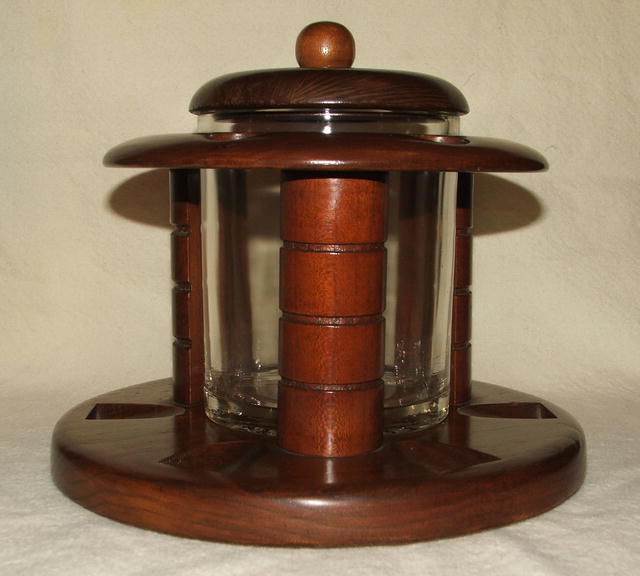 Vintage Round Walnut & Glass Humidor Pipe Stand