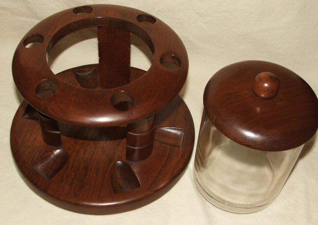 Vintage Round Walnut & Glass Humidor Pipe Stand
