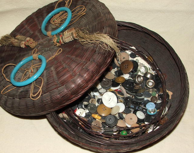 Large Antique Chinese Sewing Basket Filled With Buttons