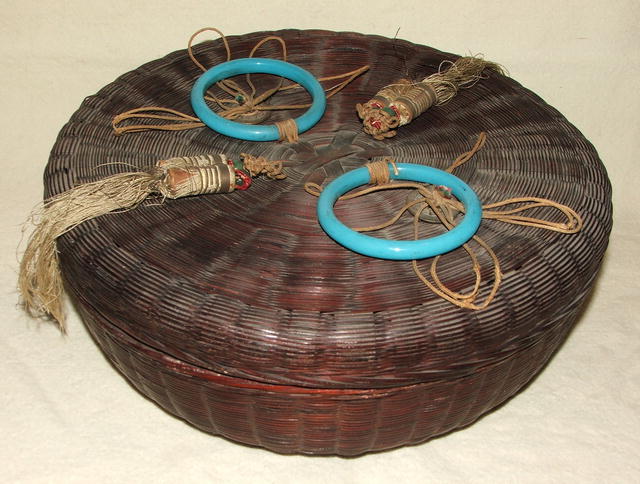 Large Antique Chinese Sewing Basket Filled With Buttons