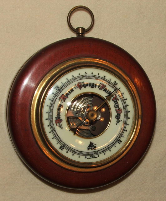 Vintage / Antique Round German Pic Barometer in Cherry, Brass, Glass