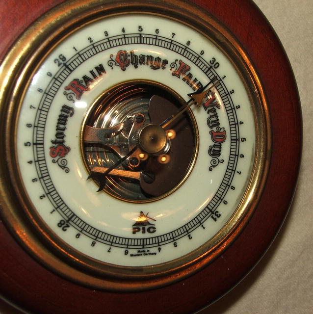 Vintage / Antique Round German Pic Barometer in Cherry, Brass, Glass