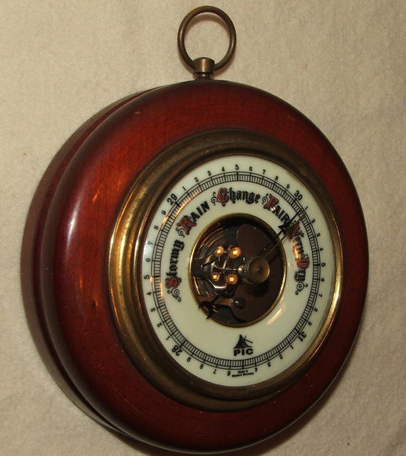 Vintage / Antique Round German Pic Barometer in Cherry, Brass, Glass