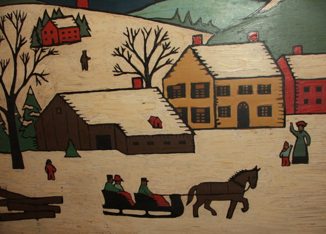 Vintage Folk Art Winter Scene Painting on Wood