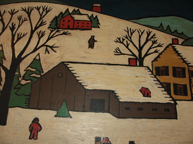 Vintage Folk Art Winter Scene Painting on Wood