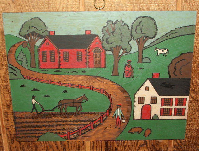 Vintage Folk Art Farm Painting on Wood