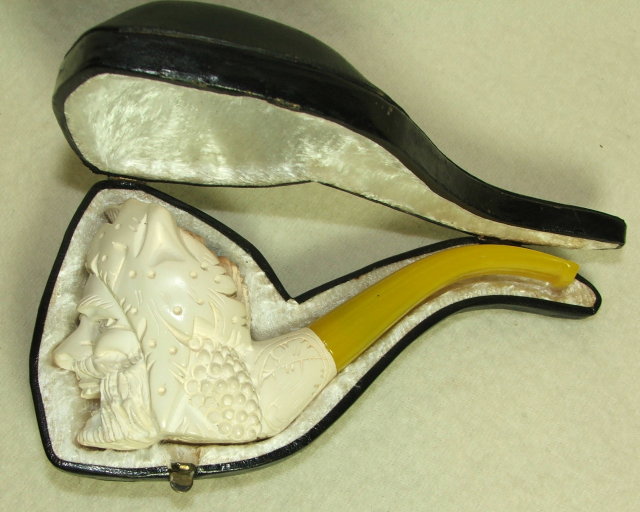Vintage Meerschaum Pipe, Amber Stem, Case