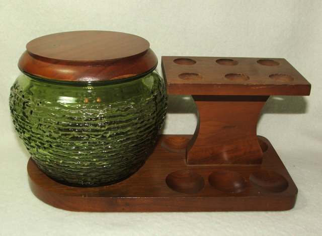 Vintage Walnut and Green Glass Humidor and Pipe Rack