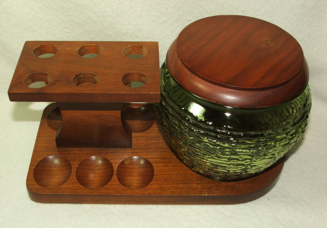 Vintage Walnut and Green Glass Humidor and Pipe Rack