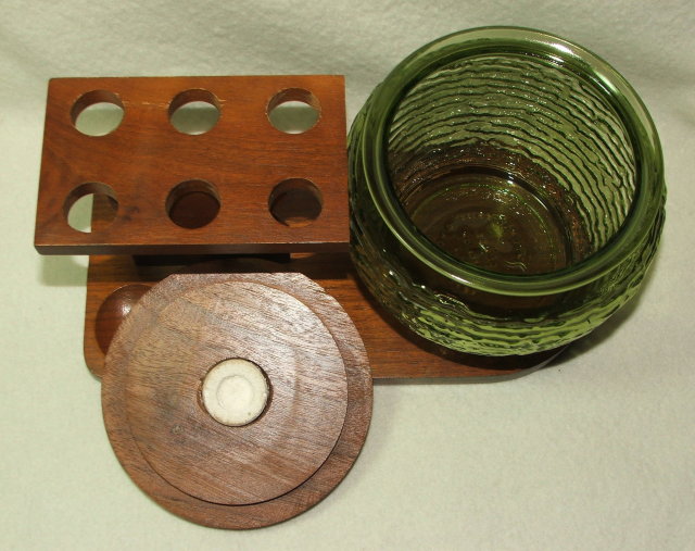 Vintage Walnut and Green Glass Humidor and Pipe Rack