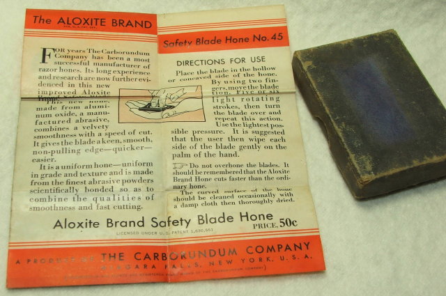 1934 Carborundum Co Aloxite Safety Blade Hone, Box, Sharpening Stone