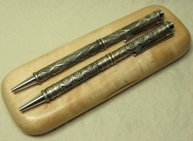 Vintage Embossed Pewter Pen Set in Natural Wood Case