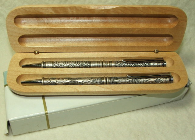 Vintage Embossed Pewter Pen Set in Natural Wood Case