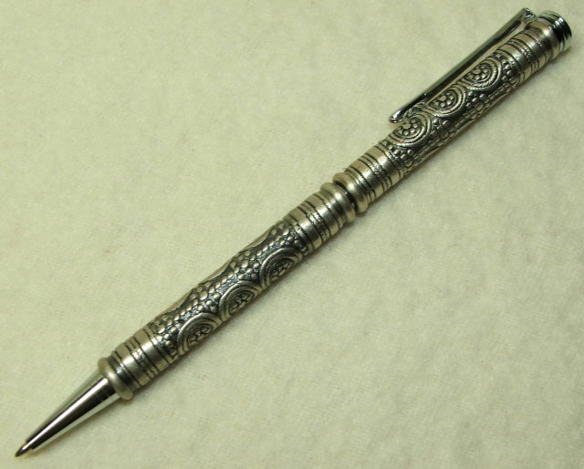 Vintage Embossed Pewter Pen Set in Natural Wood Case