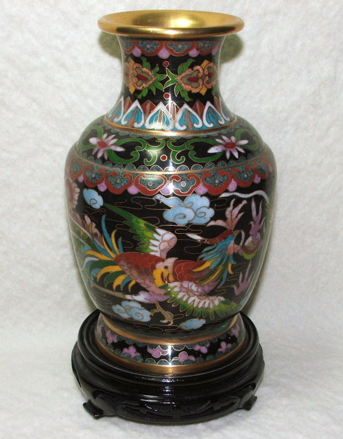 Asian Cloisonne Dragon & Bird Vase on Stand