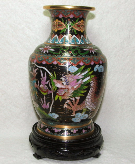 Asian Cloisonne Dragon & Bird Vase on Stand