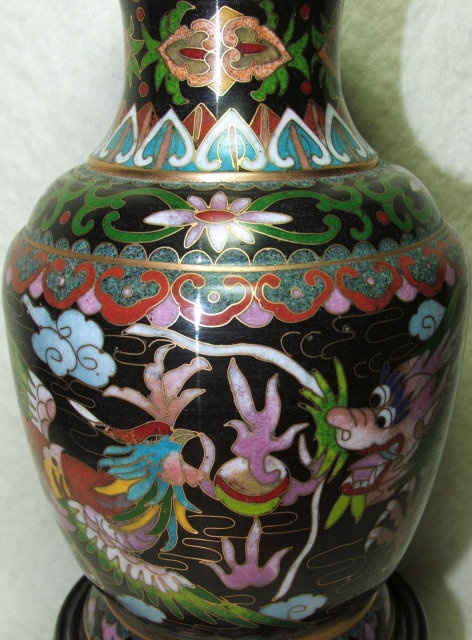 Asian Cloisonne Dragon & Bird Vase on Stand
