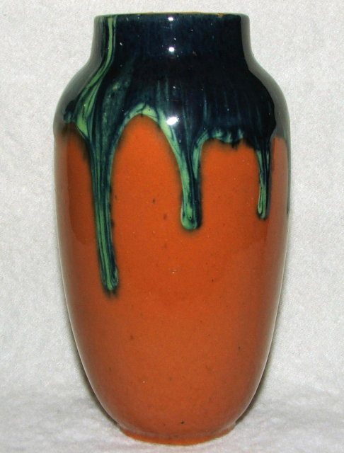 Mid-Century Burnt Orange & Blue/Green Drip Glaze Pottery Vase