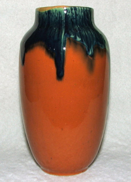 Mid-Century Burnt Orange & Blue/Green Drip Glaze Pottery Vase