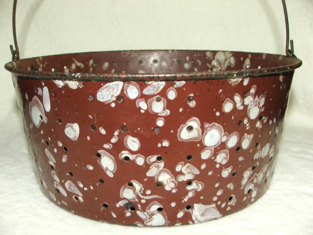 Antique Brown & White Spatter Graniteware Colander