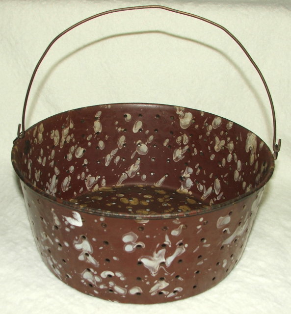 Antique Brown & White Spatter Graniteware Colander