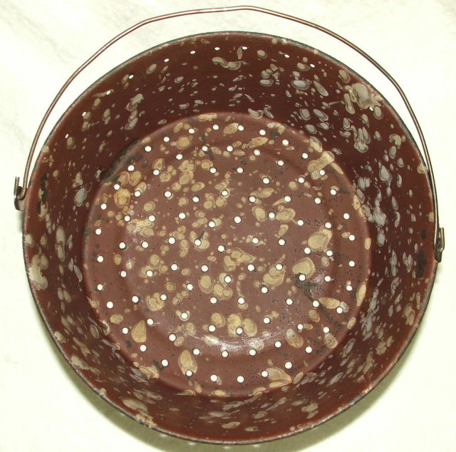 Antique Brown & White Spatter Graniteware Colander