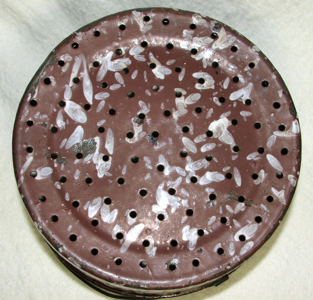 Antique Brown & White Spatter Graniteware Colander