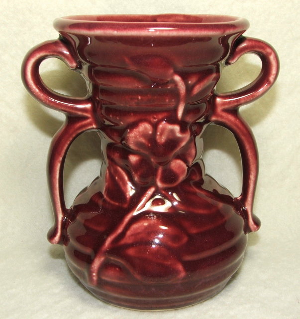 Vintage Shawnee Burgundy Bow Handle Vase