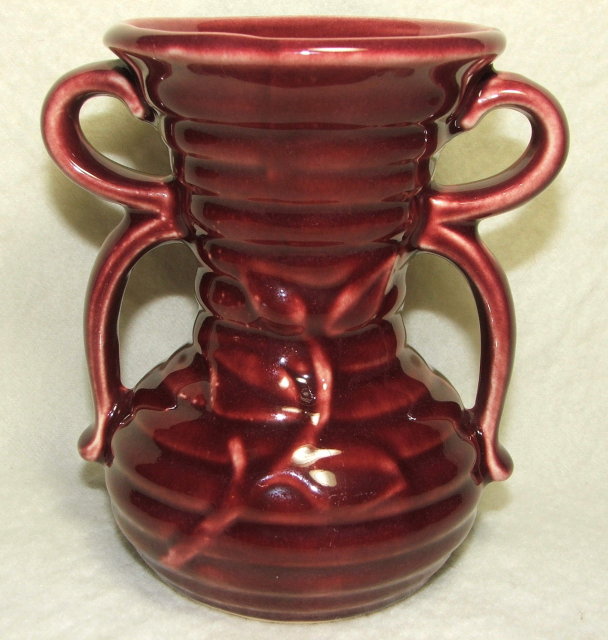 Vintage Shawnee Burgundy Bow Handle Vase