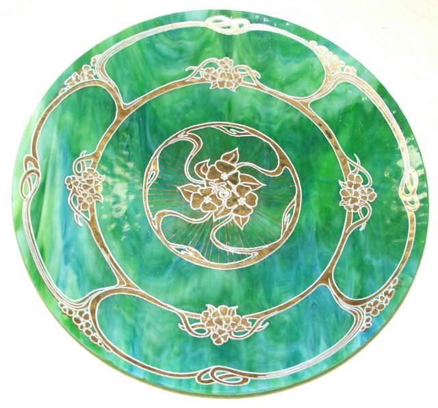Vintage Kokomo Opalescent Jade Green & Blue Glass Decorative Plate with Applied Gold Floral Design