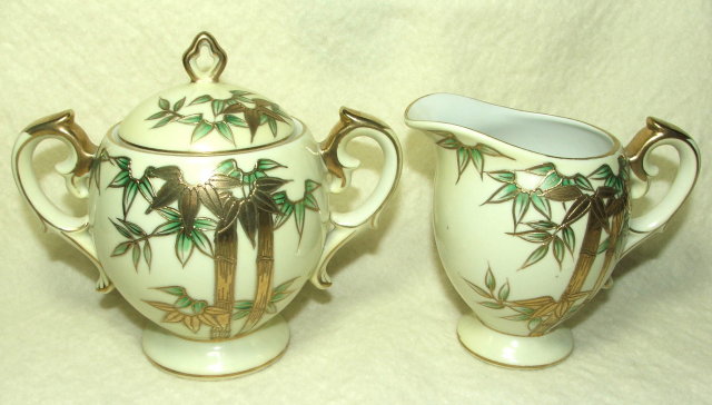 Vintage Craftsman China Gold Encrusted Bamboo Sugar & Creamer