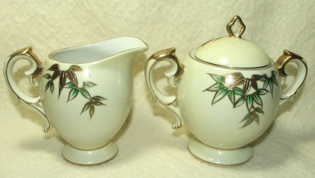 Vintage Craftsman China Gold Encrusted Bamboo Sugar & Creamer
