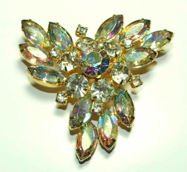 Stylish Vintage Crystal Aurora Borealis Rhinestone Brooch Pin
