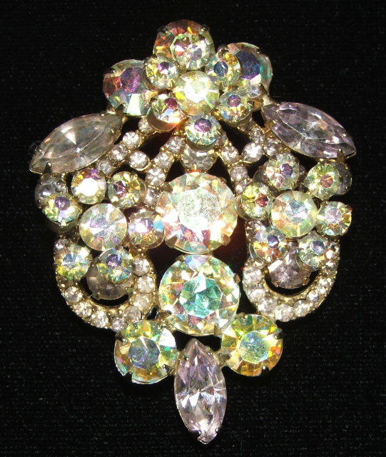 Vintage Crystal Aurora Borealis and Lavender Rhinestone Brooch Pin
